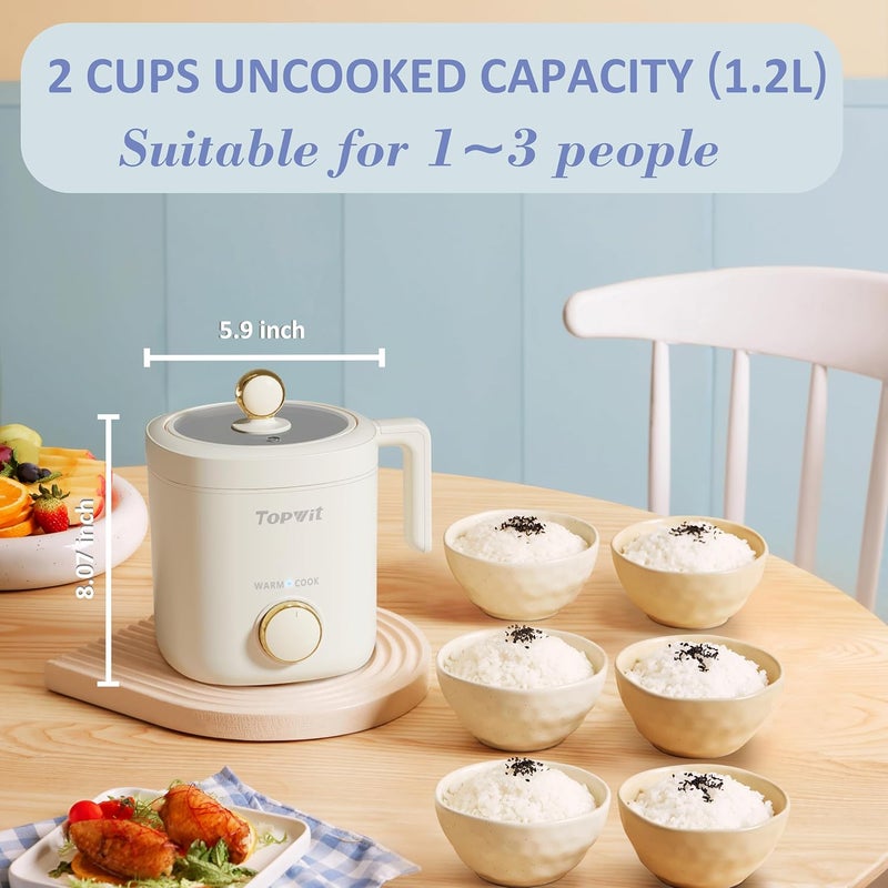 TopWit Rice Cooker Small, Mini Rice Cooker 2 Cups Uncooked, 1.2L Portable Rice Maker with Non-stick Coating, BPA Free, One Touch & Keep Warm Function, Beige - Image 5